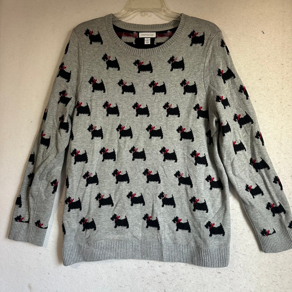 Charter Club Gray Scottie Dog Rhinestone Collar Sweater XL Womens Crew Neck